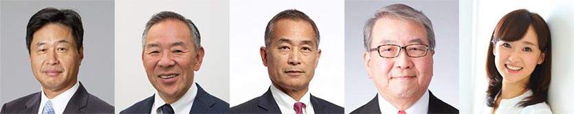 写真 経済産業省 商務情報政策局局長 平井裕秀氏 ウェスタンデジタルジャパン プレジデント 小池淳義氏 JSR(株) 取締役会長 小柴満信氏 東京エレクトロン(株) 取締役会長 常石哲男氏 司会 経済レポーター 大里希世氏