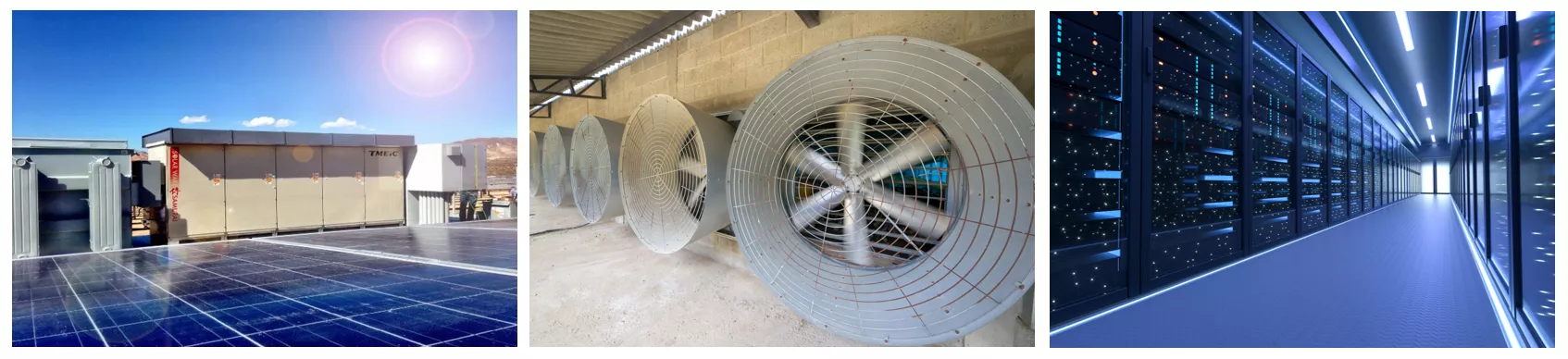 左）再生可能エネルギーによる発電所の付随施設の効率化と緻密な制御の実現、（中）モーターの電力効率向上、（右）データセンターの電力効率向上